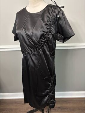 Newport News Black Satin Ruched Tie-Detail Mini Dress
